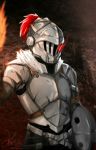  armor buckler fire glowing glowing_eyes goblin_slayer goblin_slayer! helmet highres plume ryuzaki_71 shield signature solo 