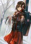  artist_name bangs black_hair building cable commentary_request cowboy_shot day dutch_angle enpera garuku headphones instrument_case jacket long_hair long_sleeves looking_at_viewer mole mole_under_eye original outdoors red_eyes red_skirt scarf signature skirt smile snow snowing solo standing tree winter winter_clothes 
