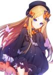  abigail_williams_(fate/grand_order) bangs black_bow black_dress black_hat blonde_hair bloomers blue_eyes bow bug butterfly closed_mouth commentary dress dutch_angle eyebrows_visible_through_hair fate/grand_order fate_(series) forehead hair_bow hand_up hat highres holding holding_stuffed_animal insect long_hair long_sleeves looking_at_viewer orange_bow parted_bangs popupi simple_background sleeves_past_fingers sleeves_past_wrists solo stuffed_animal stuffed_toy symbol_commentary teddy_bear underwear very_long_hair white_background white_bloomers 
