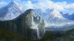  artist_name blue_sky cloud commentary_request dankalaning day english_text fantasy forest grass highres landscape mountain nature no_humans original plant scenery sky snow_mountain tree water waterfall 
