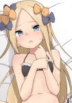  abigail_williams_(fate/grand_order) bangs bare_arms bare_shoulders bed_sheet blonde_hair blue_eyes blush bow fate/grand_order fate_(series) forehead hair_bow hands_up highres long_hair looking_at_viewer lying navel on_back orange_bow parted_bangs parted_lips polka_dot polka_dot_bow purple_bow solo sweat upper_body very_long_hair yakihebi 