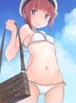  ass_visible_through_thighs bag bikini blue_sky brown_eyes brown_hair cloud commentary_request cowboy_shot day eyebrows_visible_through_hair from_below hat highres kabayaki_namazu kantai_collection looking_at_viewer navel outdoors sailor_bikini sailor_collar sailor_hat short_hair sky solo swimsuit white_bikini white_hat white_sailor_collar z3_max_schultz_(kantai_collection) 