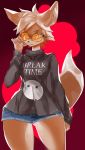  2017 5_fingers anthro canine eyebrows eyelashes eyewear female fingers focus_on_eyes fur hair looking_at_viewer mammal short_pants solo sunglasses text wide_hips 