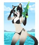  2018 anthro bikini black_fur black_underwear breasts cat clothed clothing detailed_background digital_media_(artwork) dipstick_tail feline female fully_clothed fur gloves_(marking) hair kyotokisha15 mai_karmel mammal markings multicolored_fur multicolored_hair multicolored_tail smile solo swimsuit two_tone_fur two_tone_hair water water_gun white_fur 