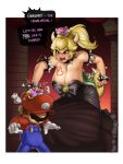  alternate_species angry animal_humanoid big_breasts black_clothing black_nails blonde_hair blush bowser bowsette_meme breasts cleavage clothed clothing colored_nails crossgender crown dialogue dress duo english_text female fully_clothed gloves hair harddegenerate headwear horn human humanoid humanoidized hybrid koopa male mammal mario mario_bros nintendo overalls red_eyes royalty scalie sharp_teeth shell speech_bubble super_crown teeth text video_games 