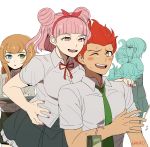  4girls asahina_aoi bangs blanko! blue_eyes blunt_bangs blush blush_stickers brown_hair commentary danganronpa danganronpa_3 double_bun english_commentary fujisaki_chihiro green_eyes green_neckwear hair_ribbon hand_on_another's_shoulder heterochromia highres ichino_sousuke ikusaba_mukuro juice_box kibougamine_gakuen_school_uniform long_hair multiple_boys multiple_girls nail_polish necktie nishizawa_kiriko pink_eyes pink_hair pink_nails red_hair red_ribbon ribbon short_hair simple_background tray umesawa_aiko white_background 