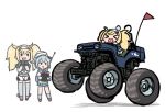  &gt;_&lt; all-terrain_vehicle blonde_hair blue_hair character_doll commentary controller flag gambier_bay_(kantai_collection) kantai_collection multiple_girls pun remote_control samuel_b._roberts_(kantai_collection) solid_circle_eyes stuffed_toy terrajin thighhighs zettai_ryouiki 