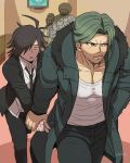  3boys afro alter_ego asahina_aoi bandai_daisaku black_hair black_neckwear black_pants blanko! constricted_pupils danganronpa danganronpa_3 danganronpa_gaiden:_killer_killer dress_shirt formal fur_trim green_coat green_hair highres hijirihara_takumi holding_hands looking_away multiple_boys necktie pants pectorals pink_eyes red_eyes sakakura_juuzou shirt suit tank_top walking white_shirt 