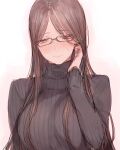  1girl bangs black_sweater blush breasts brown_hair c.cu commentary_request embarrassed eyebrows_visible_through_hair glasses hair_tucking large_breasts light_smile long_hair long_sleeves looking_away original parted_bangs simple_background sketch straight_hair striped striped_sweater sweatdrop sweater tsuyuhara_miu upper_body very_long_hair white_background 