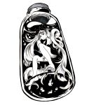  barefoot between_legs black_dress bottle bubble dress hand_between_legs hatsune_miku highres ink_(medium) inktober pompmaker1 shinkai_shoujo_(vocaloid) traditional_media twintails vocaloid water 