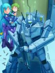  2girls ahoge alien armor blue_hair carrying commentary_request dress energy_gun family giantess green_hair gunpod hallway inui's_meltran inui_(jt1116) maclone macross mecha meltrandi multiple_girls original pointy_ears purple_eyes science_fiction shell_casing sitting spacecraft_interior spacesuit variable_fighter vf-1 vf-1j weapon zentlardy_alphabet zentradi 