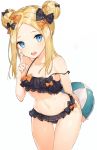  :d abigail_williams_(fate/grand_order) ball bare_arms bare_shoulders beachball bikini black_bikini black_bow blonde_hair blue_eyes blush bow breasts collarbone commentary_request double_bun emerald_float eyebrows_visible_through_hair fate/grand_order fate_(series) forehead groin hair_bow highres index_finger_raised leaning_forward long_hair looking_at_viewer navel open_mouth orange_bow revision rikoma round_teeth side_bun sidelocks simple_background small_breasts smile solo swimsuit teeth thigh_gap upper_teeth white_background 