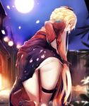  artist_name ass bangs blonde_hair blurry blurry_background blush braid breasts commentary_request dyolf eyebrows_visible_through_hair floral_print foot_up from_behind full_moon girls_frontline gloves high-waist_skirt japanese_clothes kimono leaning_forward long_hair looking_at_viewer moon night obi ots-14_(girls_frontline) outdoors panties panty_pull petals ribbon sash sidelocks skindentation skirt solo thigh_strap underwear very_long_hair wet white_panties yellow_eyes 