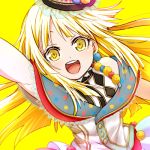  :d akasata arm_up bang_dream! blonde_hair dress frilled_hat frills hat long_hair looking_at_viewer lowres open_mouth polka_dot pom_pom_(clothes) pom_pom_earrings round_teeth simple_background smile solo teeth tsurumaki_kokoro upper_body upper_teeth v-shaped_eyebrows yellow_background yellow_eyes 