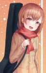  :d bangs blush brown_eyes brown_hair brown_jacket commentary_request eyebrows_visible_through_hair hair_between_eyes hand_up head_tilt highres holding instrument_case jacket long_sleeves looking_at_viewer misaka_mikoto open_mouth red_scarf scarf smile solo teshu to_aru_kagaku_no_railgun to_aru_majutsu_no_index upper_body 
