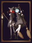  alternate_costume androgynous aqua_eyes aqua_hair back-to-back bad_id bad_twitter_id black_dress blue_eyes blue_hair boots broom dress hat high_heels highres hood houseki_no_kuni lantern looking_at_another multiple_others mydeerwitch open_mouth phosphophyllite red_eyes red_hair shinsha_(houseki_no_kuni) smile sparkle thighhighs witch witch_hat 