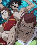  2boys artist_name black_hair blanko! braid breasts brown_hair cleavage devilman devilman_crybaby fudou_akira highres jewelry kouda_moyuru kuroda_miki looking_back multiple_boys necklace running single_braid sleeveless sweat tan track_uniform undercut 