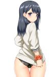  ass bangs black_hair black_panties blush cardigan closed_mouth covering covering_ass frown long_hair long_sleeves looking_at_viewer orange_scrunchie panties purple_eyes scrunchie simple_background solo ssss.gridman takarada_rikka thigh_gap thighs toshishikisai tug underwear white_background white_cardigan wide_hips wrist_scrunchie 