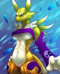  2018 abstract_background anthro armwear black_sclera blue_eyes bottomless breasts bridal_gauntlets canine chest_tuft clothed clothing dewdragondesigns digimon digimon_(species) digital_media_(artwork) female fur hand_on_hip hi_res looking_at_viewer mammal markings multicolored_fur muscular pussy renamon solo tuft two_tone_fur under_boob white_fur yellow_fur 