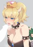  1girl armlet bangs bare_shoulders black_dress blonde_hair blue_eyes blush bowsette breasts breath censored cleavage collar collarbone crown dress earrings eyebrows eyebrows_visible_through_hair fangs fellatio gem grey_background hetero highres hizaura horns jewelry large_breasts long_hair mario_(series) new_super_mario_bros._u_deluxe nose_blush open_mouth oral penis ponytail saliva saliva_trail simple_background solo_focus spiked_armlet spiked_collar spiked_shell spikes strapless strapless_dress super_crown tongue tongue_out turtle_shell upper_body 