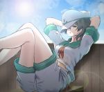  anchor_symbol arms_behind_head ascot ass bare_legs black_hair breasts commentary_request crop_top crossed_legs eyebrows_visible_through_hair green_eyes hat hat_over_one_eye highres legs_up lens_flare looking_at_viewer medium_breasts murasa_minamitsu open_mouth short_sleeves shorts sitting sun teraguchi touhou 
