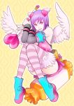  angel_wings arm_warmers heart kusagami_style looking_at_viewer original pink_eyes purple_hair short_hair striped striped_legwear thighhighs wings 