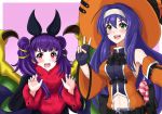  animal_ears bat_ears belt black_gloves blue_hair blush commentary_request detached_sleeves dragon_wings fake_animal_ears fang fingerless_gloves fire_emblem fire_emblem:_seima_no_kouseki fire_emblem:_souen_no_kiseki fire_emblem_heroes fur_trim gloves green_eyes halloween_costume hat headband long_hair long_sleeves mamkute miven multi-tied_hair multiple_girls myrrh open_mouth purple_hair red_eyes twintails v wayu_(fire_emblem) white_headband wings witch_hat 