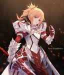  armor armored_dress bangs blonde_hair clarent eyebrows_visible_through_hair fate/apocrypha fate/grand_order fate_(series) green_eyes hair_between_eyes highres holding holding_sword holding_weapon huge_weapon looking_at_viewer meo_(1271884559) mordred_(fate) mordred_(fate)_(all) short_hair sidelocks solo sparks standing sword weapon 
