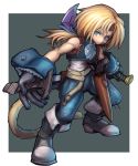  absurdres bangs bare_arms black_footwear blonde_hair blue_eyes blue_pants blunt_bangs boots commentary_request dakusuta dual_wielding final_fantasy final_fantasy_ix full_body gloves highres holding long_hair male_focus monkey_tail pants ponytail simple_background tail weapon zidane_tribal 