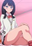  black_hair black_skirt blush cardigan commentary_request hand_on_own_knee hera_(hara0742) highres knee_up legs long_hair miniskirt purple_eyes school_uniform scrunchie shirt sitting skirt socks solo ssss.gridman sweatdrop takarada_rikka thighs white_cardigan white_shirt wrist_scrunchie 