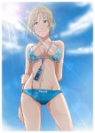  ajax bikini blonde_hair breasts cloud commentary_request day digital_media_player groin ipod short_hair solo summer sun swimsuit 