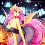  2018 anthro anthrofied bat_pony bat_wings blue_eyes breasts cleavage clothed clothing equine female fishnet fishnet_legwear flutterbat_(mlp) fluttershy_(mlp) friendship_is_magic koveliana lantern legwear leotard mammal membranous_wings my_little_pony pose solo sparkles wings 