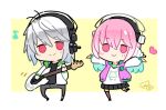  1girl antenna_hair black_skirt chibi commentary_request company_connection guitar headphones instrument jacket letterman_jacket long_hair mascot miniskirt minoa_(lastswallow) naitou-kun nitro+_chiral nitroplus pink_eyes pink_hair pink_jacket pleated_skirt red_eyes shirt silver_hair skirt smile super_sonico t-shirt thighhighs virtual_youtuber white_jacket 