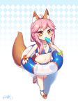 animal_ear_fluff animal_ears bangs bare_shoulders bikini blue_bikini blush bracelet brown_footwear brown_hair eyebrows_visible_through_hair fate/grand_order fate_(series) flat_chest food food_in_mouth fox_ears fox_girl fox_tail highres holding holding_innertube innertube jewelry langbazi letterboxed long_hair looking_at_viewer mouth_hold navel necklace pink_hair popsicle sandals side-tie_bikini sidelocks signature solo standing standing_on_one_leg starfish swimsuit tail tail_raised tamamo_(fate)_(all) tamamo_no_mae_(swimsuit_lancer)_(fate) water younger 