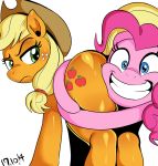  annoyed applejack_(mlp) blonde_hair blue_eyes butt cutie_mark duo equine female feral friendship_is_magic green_eyes hair happy hat horse hug long_hair looking_back mammal my_little_pony pink_hair pinkie_pie_(mlp) pony simple_background smile tetugakuzonbi_(artist) 