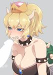  1girl armlet bangs bare_shoulders black_dress blonde_hair blue_eyes blush bowsette breasts breath censored cleavage clenched_teeth collar collarbone crown dress earrings eyebrows eyebrows_visible_through_hair gem grey_background hetero highres hizaura horns jewelry large_breasts long_hair looking_at_penis mario_(series) new_super_mario_bros._u_deluxe nose_blush penis ponytail sharp_teeth simple_background solo_focus spiked_armlet spiked_collar spiked_shell spikes strapless strapless_dress super_crown teeth turtle_shell upper_body 