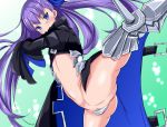  arched_back arm_up armor armored_boots ass bangs black_coat boots bottomless coat commentary_request crotch_plate dot_zip fate/extra fate/extra_ccc fate/grand_order fate_(series) groin high_kick kicking leg_lift long_hair long_sleeves looking_at_viewer meltlilith navel no_pants open_clothes open_coat purple_eyes purple_hair revealing_clothes ribbon silver_trim sleeves_past_wrists solo spikes very_long_hair 