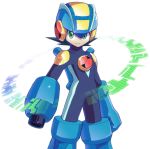  arm_cannon black_hair blue_gloves bodysuit commentary_request cowboy_shot gloves green_eyes helmet male_focus netnavi rockman rockman_exe rockman_exe_(character) simple_background smile solo standing weapon white_background yuusuke_(5yusuke3) 