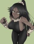  1girl anegawa_eiji black_hair bleach breasts dark_skin green_background large_breasts leaning_forward long_hair looking_at_viewer pointing ponytail scarf shihouin_yoruichi sideboob simple_background smile solo very_long_hair 