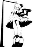  bat_wings bow clenched_hands commentary_request dress full_body greyscale hat height height_conscious highres ikurauni juliet_sleeves loafers long_sleeves looking_up mob_cap monochrome perspective puffy_sleeves remilia_scarlet shaking shoes short_hair short_sleeves simple_background skirt solo stretch the_embodiment_of_scarlet_devil tiptoes touhou white_background wings 