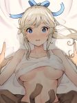  absurdres areola_slip areolae bare_arms bare_shoulders bed_sheet blonde_hair blue_eyes blue_ribbon blush breasts breasts_apart bright_pupils collarbone commentary_request cucouroux_(granblue_fantasy) eyebrows_visible_through_hair granblue_fantasy hair_ribbon highres koretsuki_azuma long_hair lying medium_breasts navel on_back open_mouth ponytail pov pov_hands ribbon shadow solo_focus stomach sweat tank_top tank_top_lift underboob upper_body wide-eyed 