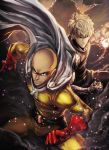  bald belt black_sclera blonde_hair bodysuit bulge cape curly_hair cyborg david_liu genos gloves grin highres male_focus manly multiple_boys one-punch_man red_gloves saitama_(one-punch_man) serious short_hair smile superhero yellow_bodysuit yellow_eyes 