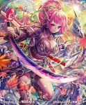  armor artist_name autumn_leaves bangs breasts commentary_request copyright_name hair_ornament holding holding_sword holding_weapon japanese_armor japanese_clothes katana kimono large_breasts leg_up long_hair n_kamui obi official_art original pink_hair ponytail sash sengoku_saga shoulder_armor sode solo sword thighhighs weapon zettai_ryouiki 
