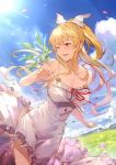  1girl bangs blonde_hair blue_sky blush bow breasts chevalier_(granblue_fantasy) cleavage cloud commentary dress falling_petals frills granblue_fantasy grass hair_bow highres kakage large_breasts long_skirt looking_at_another looking_at_viewer one_eye_closed open_mouth ponytail red_eyes red_ribbon ribbon sidelocks skirt sky spaghetti_strap sun vira_lilie white_bow white_dress wind 
