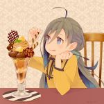  ahoge alternate_costume blue_hair chair chestnut colis commentary_request dessert dress food glass grey_eyes grey_hair hair_between_eyes holding holding_spoon ice_cream kantai_collection kiyoshimo_(kantai_collection) long_hair low_twintails mont_blanc_(food) multicolored_hair parfait solo spoon tongue tongue_out twintails twitter_username upper_body very_long_hair wafer_stick yellow_dress 