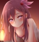  blush bra breasts brown_hair closed_mouth flower hair_between_eyes hair_flower hair_ornament highres kantai_collection kisaragi_(kantai_collection) lamp long_hair looking_at_viewer nuka_(nvkka) pink_bra purple_eyes ribbon small_breasts smile solo underwear 