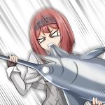  animal ark_royal_(kantai_collection) bangs biting brown_gloves commentary_request eating fingerless_gloves fingernails fish gloves highres kantai_collection red_hair short_hair simple_background solo swordfish tiara tk8d32 white_background 