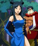  black_hair breasts cleavage dress fairy_tail green_eyes highres large_breasts lips lipstick long_hair makeup minerva_orlando pose red_lipstick screencap stitched third-party_edit 