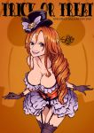  1girl bare_arms bare_shoulders black_gloves breasts brown_eyes cleavage curly_hair dress frilled_dress frills garter_straps gloves halloween large_breasts leaning_forward long_hair nami_(one_piece) one_piece open_mouth orange_background orange_hair sherumaru_(korcht06) simple_background smile source_request text_focus trick_or_treat 