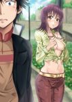  1boy 1girl artist_request belt black_hair blush breasts brown_eyes cleavage itsuwa jewelry kamijou_touma midriff navel necklace pants purple_hair short_hair to_aru_majutsu_no_index 